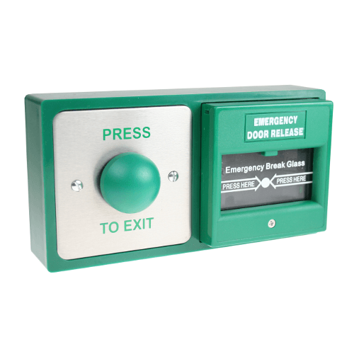 CDVI Double exit device, green dome button and resettable emergency release