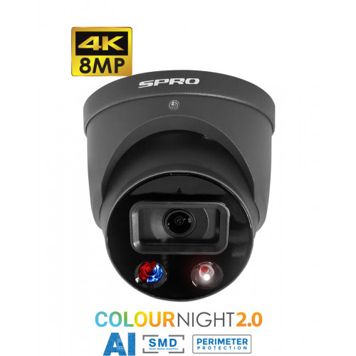 SPRO 8MP Turret IP Camera, 2.8mm, Active Deterrence, Colour Night, 30m IR, IP67, Grey