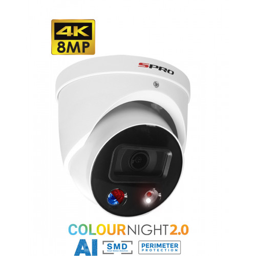 SPRO 8MP Turret IP Camera, 2.8mm, Active Deterrence, Colour Night, 30m IR, IP67, White