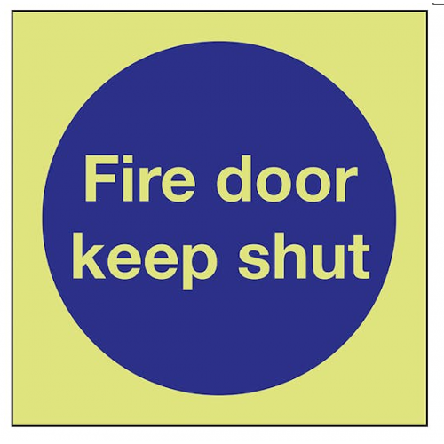 "Fire Door Keep Shut" Sign, Photoluminescent, Rigid PVC,  100 x 100mm