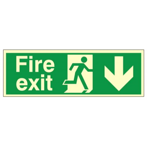 Fire Exit + Running Man Arrow Down, Photoluminescent, Rigid PVC, 120 x 340mm