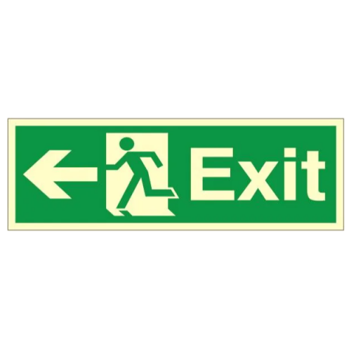 Fire Exit + Running Man Arrow Left, Photoluminescent, Rigid PVC, 120 x 340mm